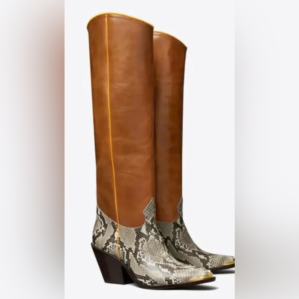 Tory Burch Brown Leather and Snake Print Knee-High Cowboy Boots Size 10.5 (New)